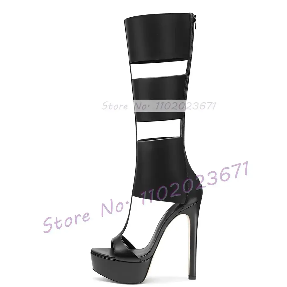 Thumbnail: Caged Platform Gladiator Sandal Boots Women’s T-Strap Open Toe Heels