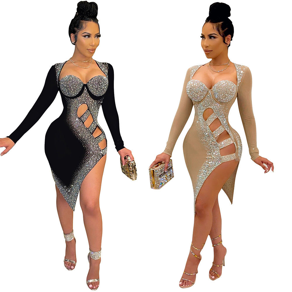 Sexy Diamond Long Sleeve Mini Dress Women’s Celebrity Night Club Dress