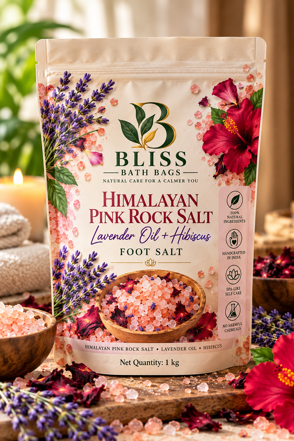 Himalayan Pink Rock Salt with Hibiscus and Lavender oil