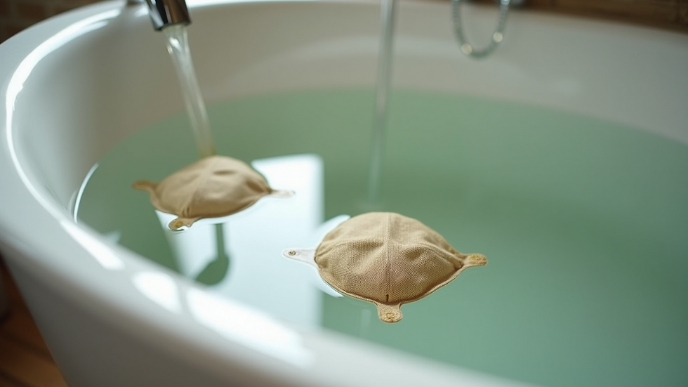 Eye-level view of a bathtub with herbal bath bags steeping in warm water