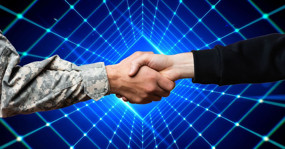 Military and civilian handshake with technology background