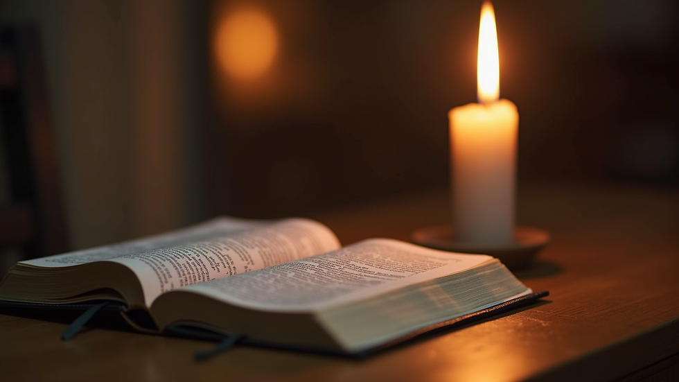 Close-up view of a Bible and a lit candle on a wooden desk