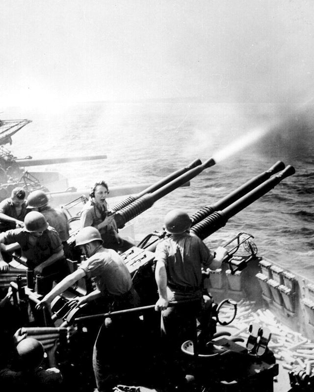 40mm Guns of the USS HORNET Firing on Japanese