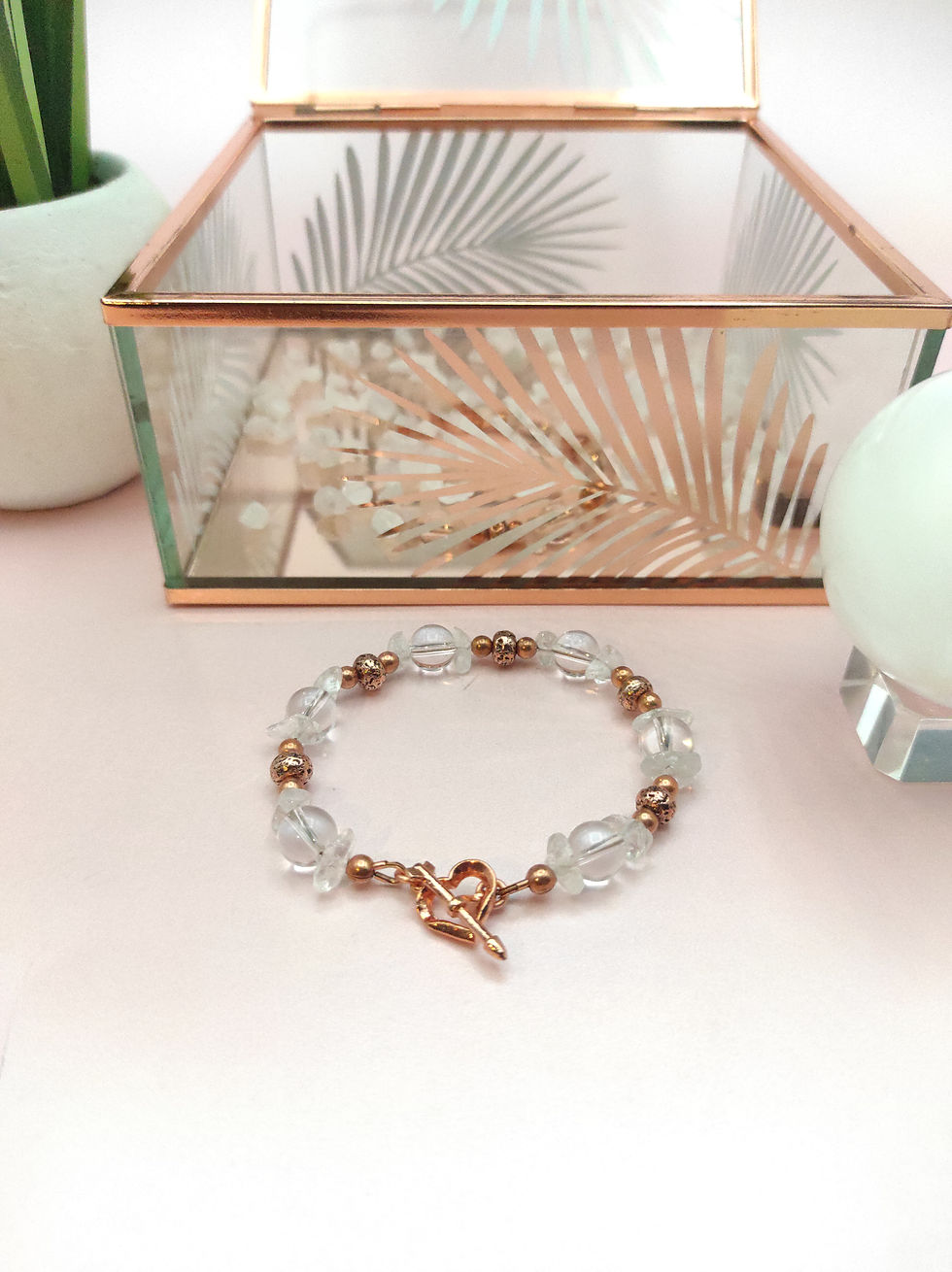 Clear Quartz and copper heart beaded bracelet