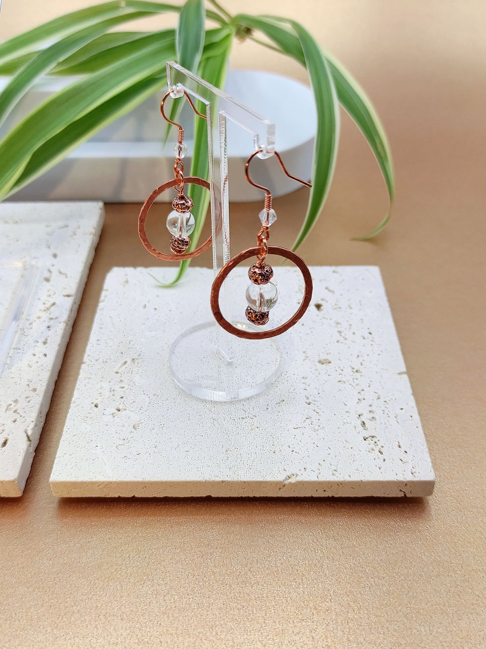Thumbnail: Clear Quartz and Copper Circle Pendant Earrings