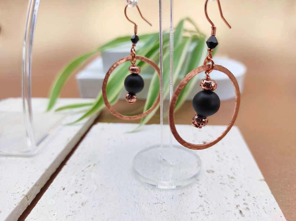 Thumbnail: Black Onyx and Copper Circle Pendant Earrings
