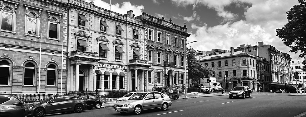 Black and white photograph of miscellaneous historic buildings in Hobart, Tasmania