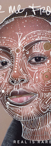 Mixed media artwork of a portrait with abstract lines on the subject's face.