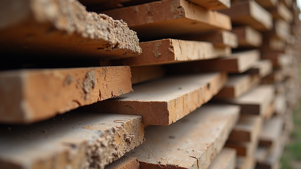 Close-up view of stacked rough-cut lumber boards