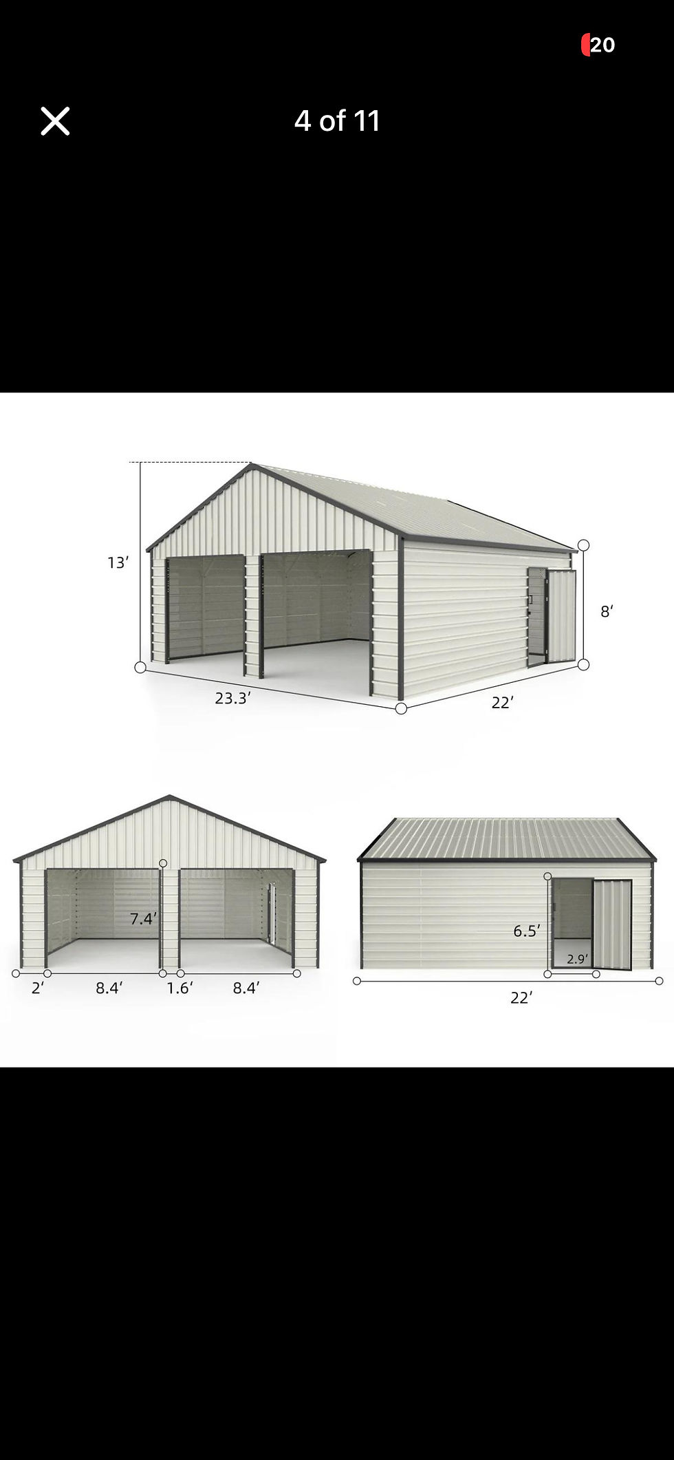 Three views of a two-car garage design with dimensions