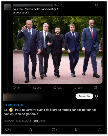 Image 3: X post by pro-Kremlin influencer. Translation: “Lol! For us your future in Europe relies on weak people. Nothing glorious!”