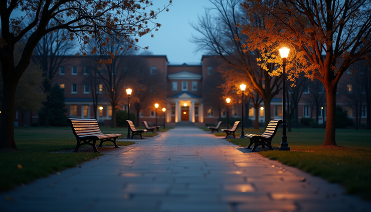 Eye-level view of a quiet university campus walkway at dusk