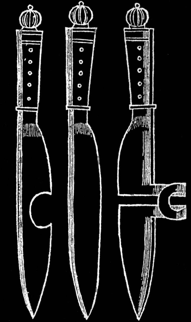 Three vertical white line-drawn knives on a black background, each with a dotted handle and unique blade design, resembling a blueprint.