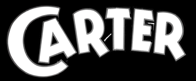 The image features the word "CARTER" in bold, white, arched text on a black background, creating a striking visual contrast.