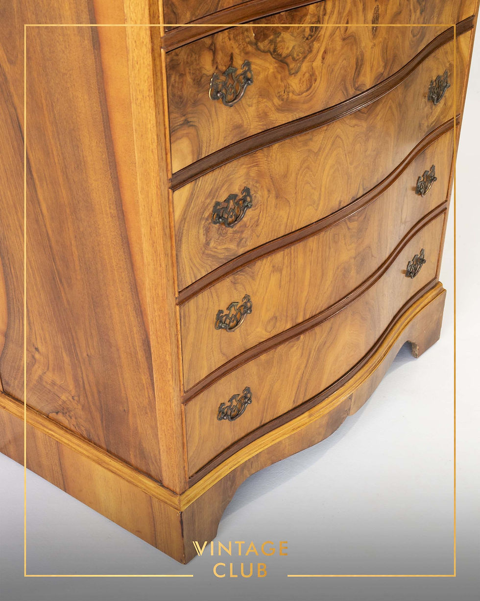 Thumbnail: Vintage Serpentine front burr walnut chest of 5 drawer by Cameo Furniture
