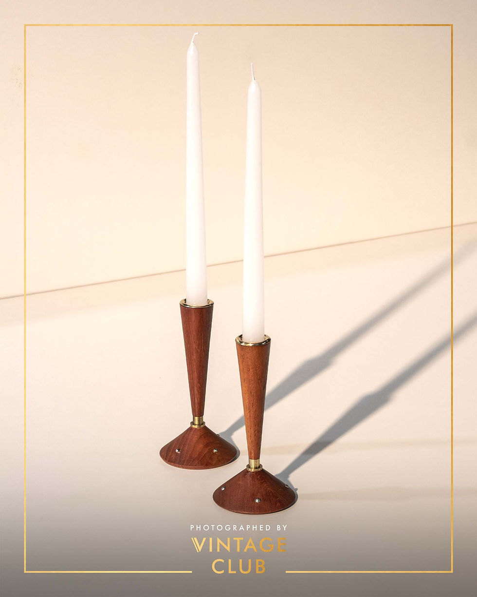 Thumbnail: Set of 4 Turned Teak & Brass Candle holders, Norway, c. 1960s