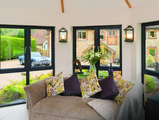 Black casement windows in a cottage