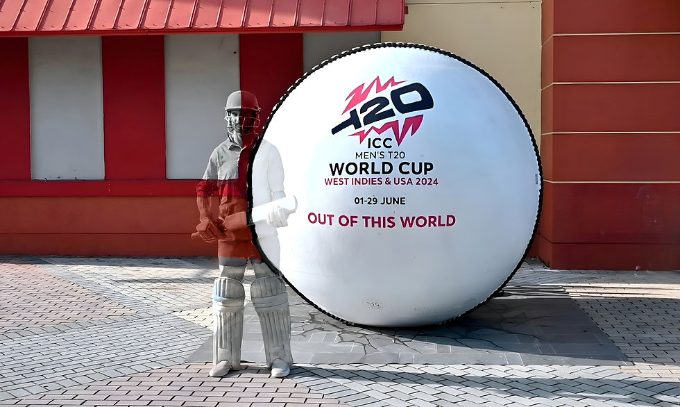 Camouflage body painting into a giant cricket ball