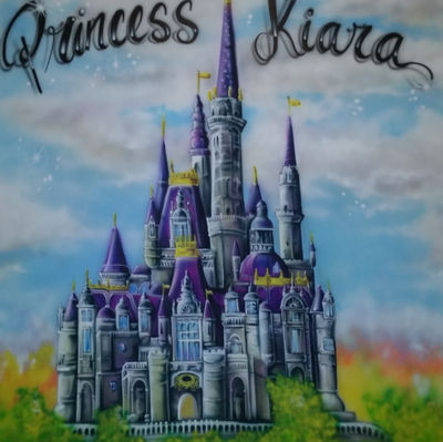 Fairytale castle mural with cursive name script painted in soft blue and purple tones