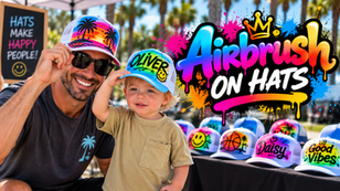 Man and child wearing custom airbrush hats at an event
