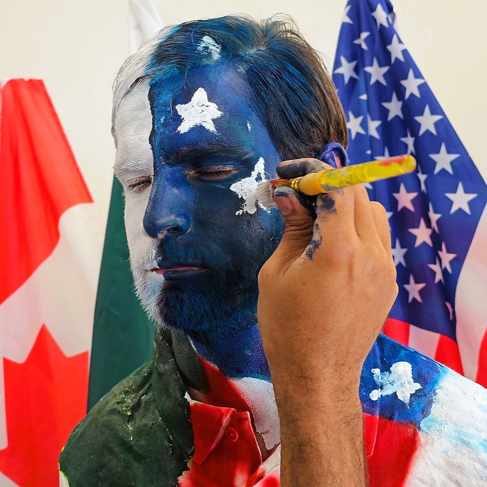 Camouflage body painting into flags 