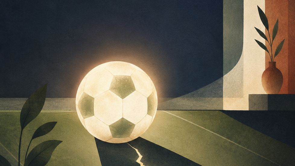Ilustración abstracta de un balón de fútbol iluminado cuya sombra, atravesada por una grieta, conduce hacia una casa donde se observan un adulto y un niño. La escena contrasta la celebración deportiva con la violencia que puede permanecer oculta en el hogar.