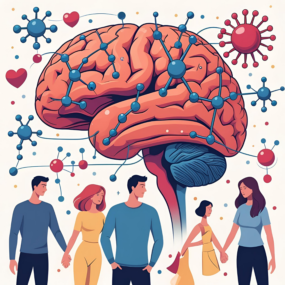 Ilustración de cómo el amor se construye en el cerebro y conecta emociones y relaciones humanas.