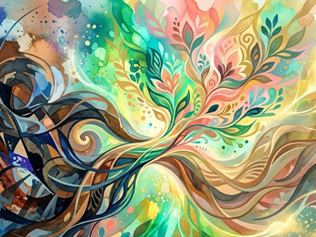 Acuarela abstracta que transiciona de formas oscuras y enredadas en azul y marrón a un vibrante y luminoso patrón floral y orgánico en verde, rosa y oro, simbolizando un crecimiento compartido y la conexión.