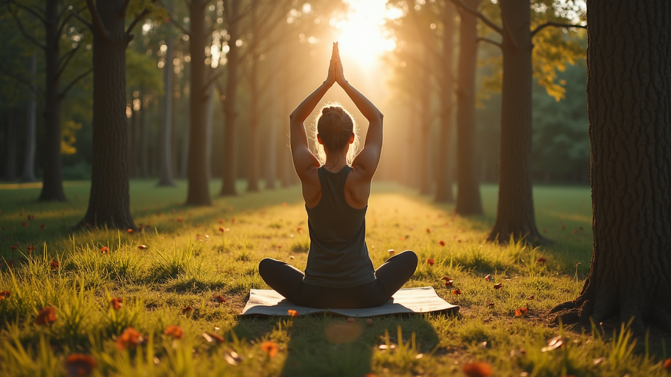 High angle view of a person practicing yoga outdoors surrounded by trees