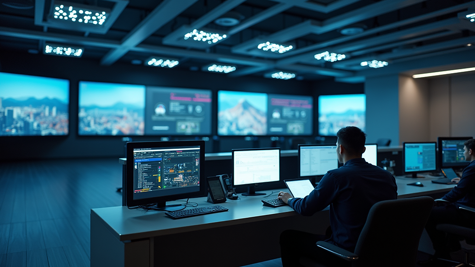 Eye-level view of a modern building control room with multiple screens