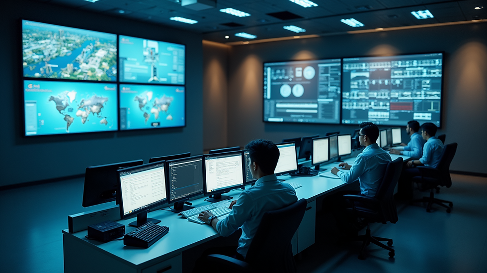 High angle view of a control room monitoring automated building systems