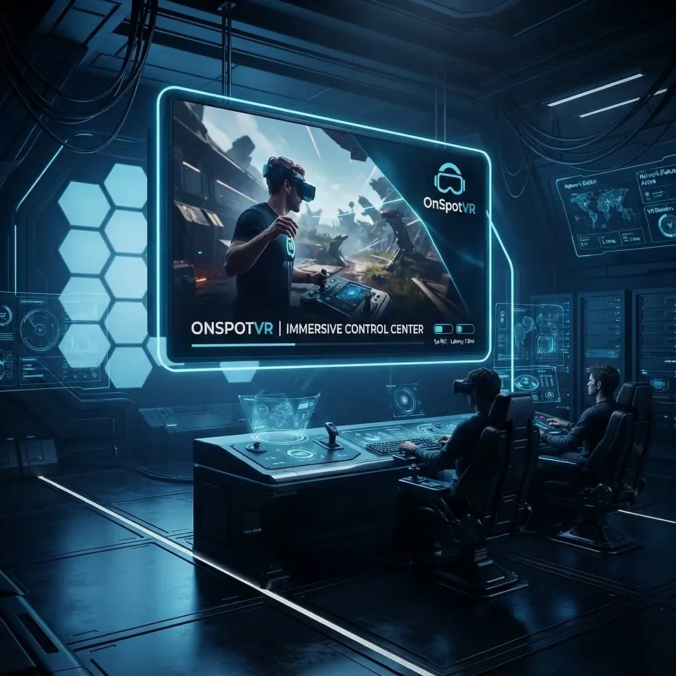Digital illustration of a high-tech virtual reality control center with individuals wearing VR headsets. The room features neon blue accents, advanced consoles, and a large display panel, creating an immersive, futuristic atmosphere.