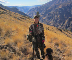 Sue Tidwell hiking with her dog Rags in Idaho.