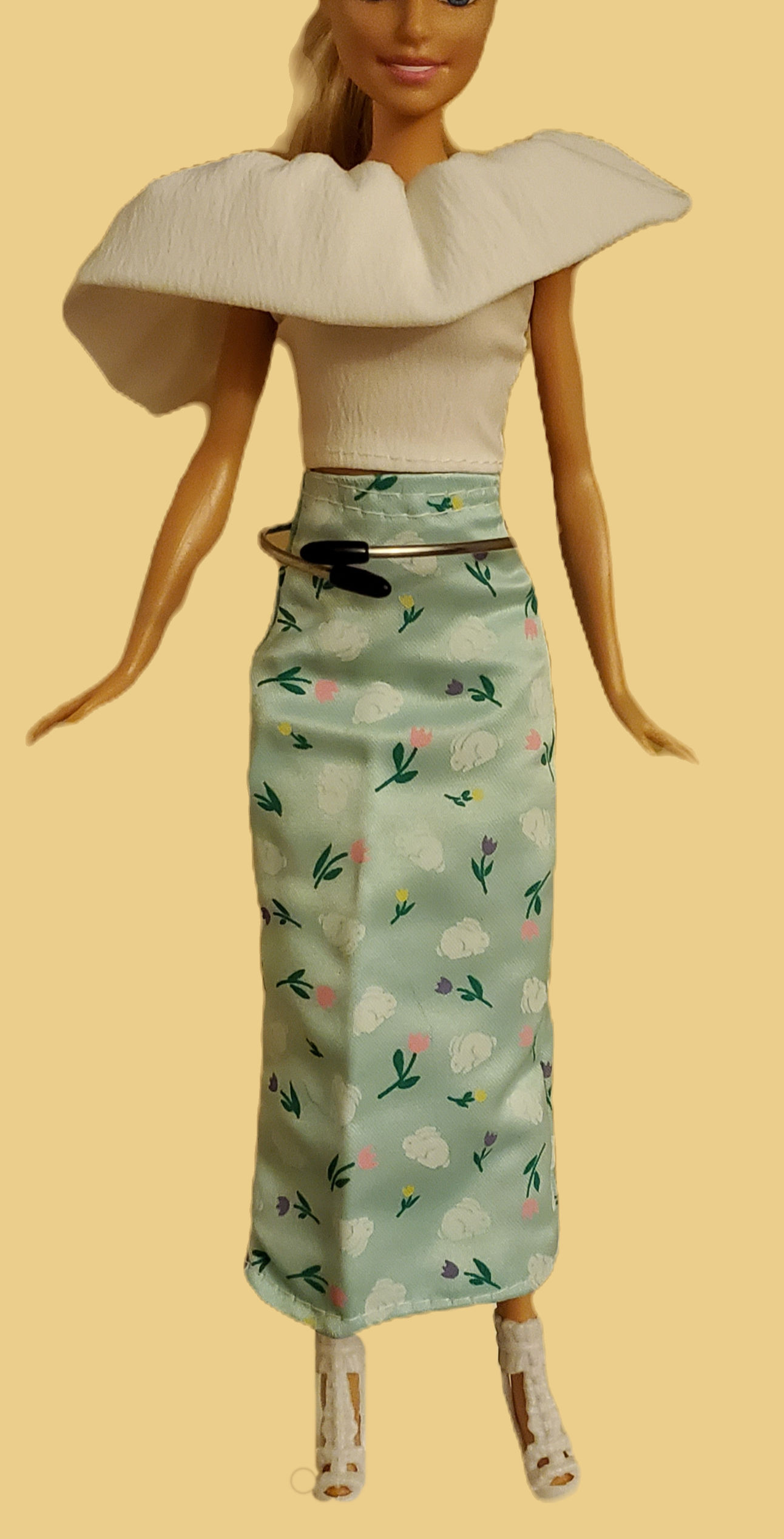 White Off The Shoulder Top and Green Bunny Pattern Skirt