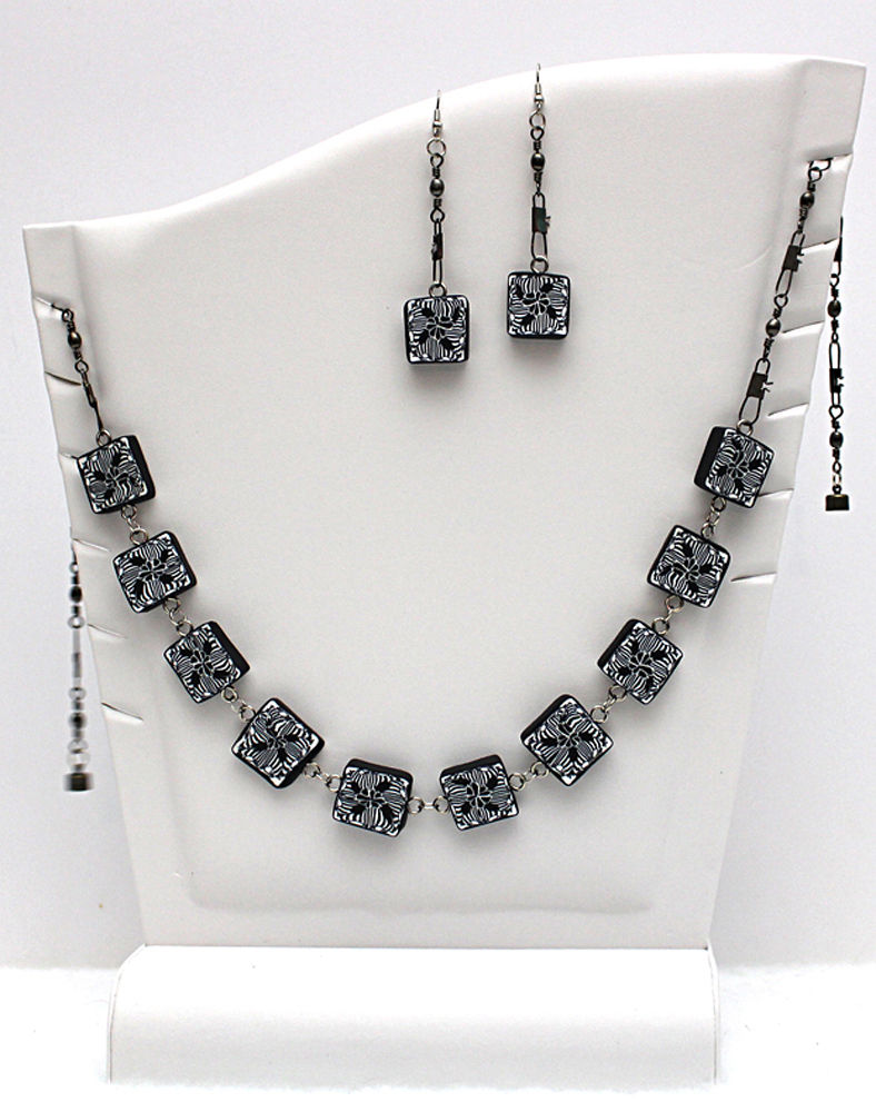 Millefiori Fans - Black and White Necklace/Earring Set