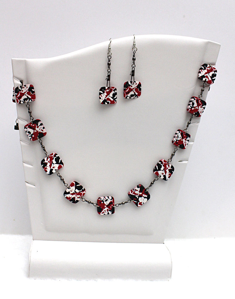 Four Corners - Red, Black and White Necklace/Earring Set