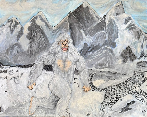The Himalayan Pursuit and orginal painting of a Yeti and a Snow Leopard by Michigan artist Karen Houghton Teeter