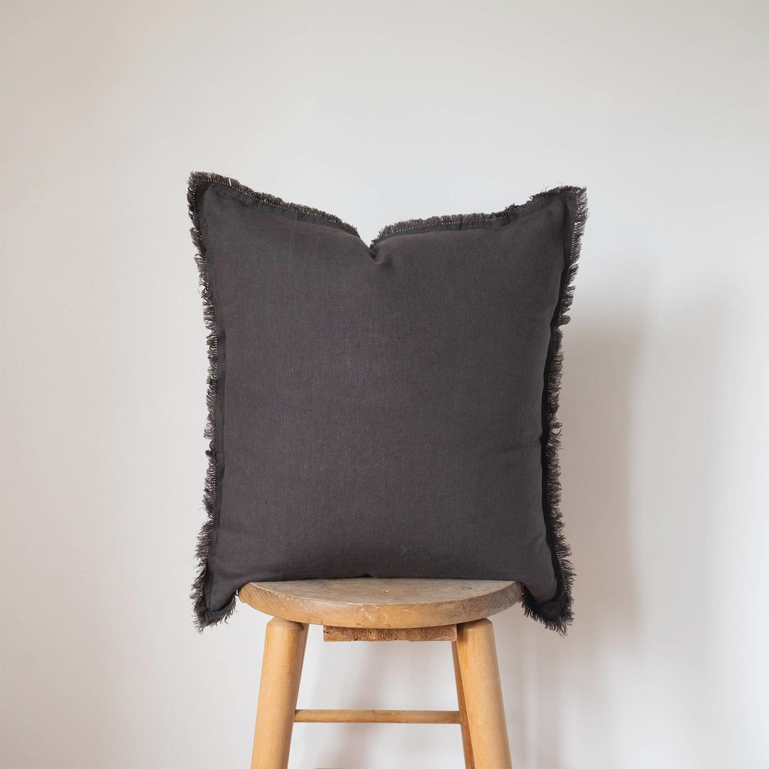 Square Fringed Linen Pillow COVER - Charcoal