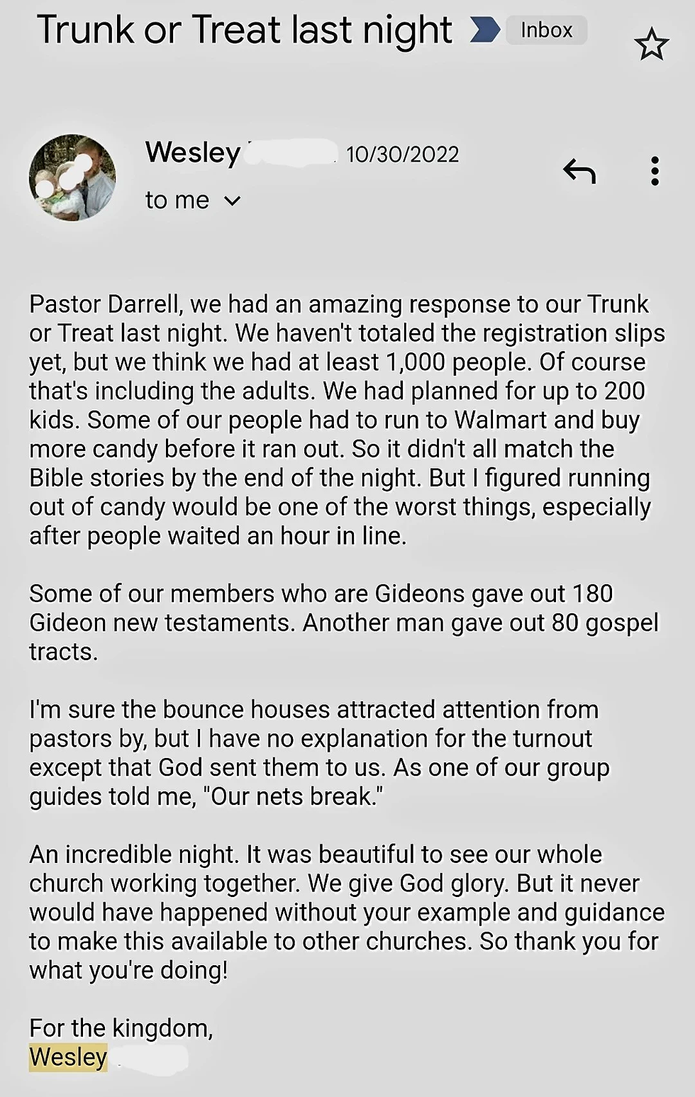 email from a pastor who used my trunk or treat ideas for his church