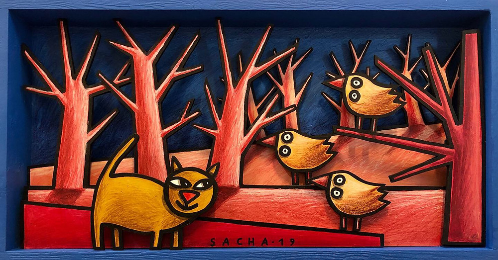 ©Sacha Schwarz , Better a bird in the hand than 3 on the tree, 2019, Acrylic, coloured pencil, mixed media on wood, 50x90cm