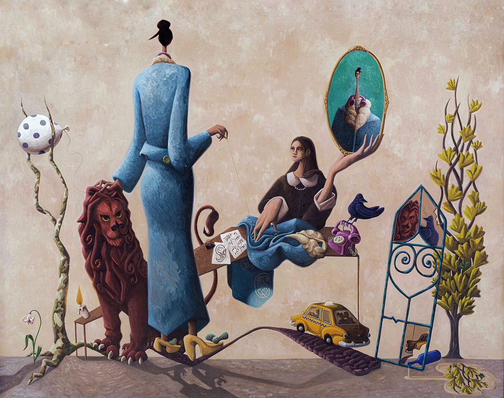 The Autumn Designer meets the Persian Lion, 2025, Oil on canvas, 48 x 60”