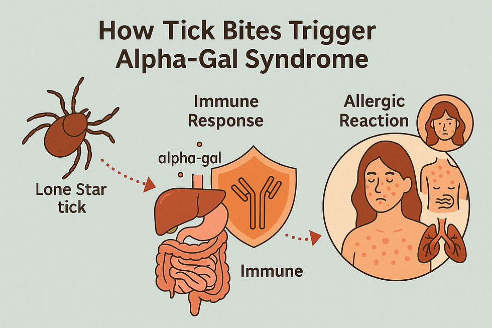 Infographic titled 'How Tick Bites Trigger Alpha-Gal Syndrome' showing a Lone Star tick, immune system response, and delayed allergic reaction to red meat. Educational medical illustration explaining the connection between tick bites and AGS."
