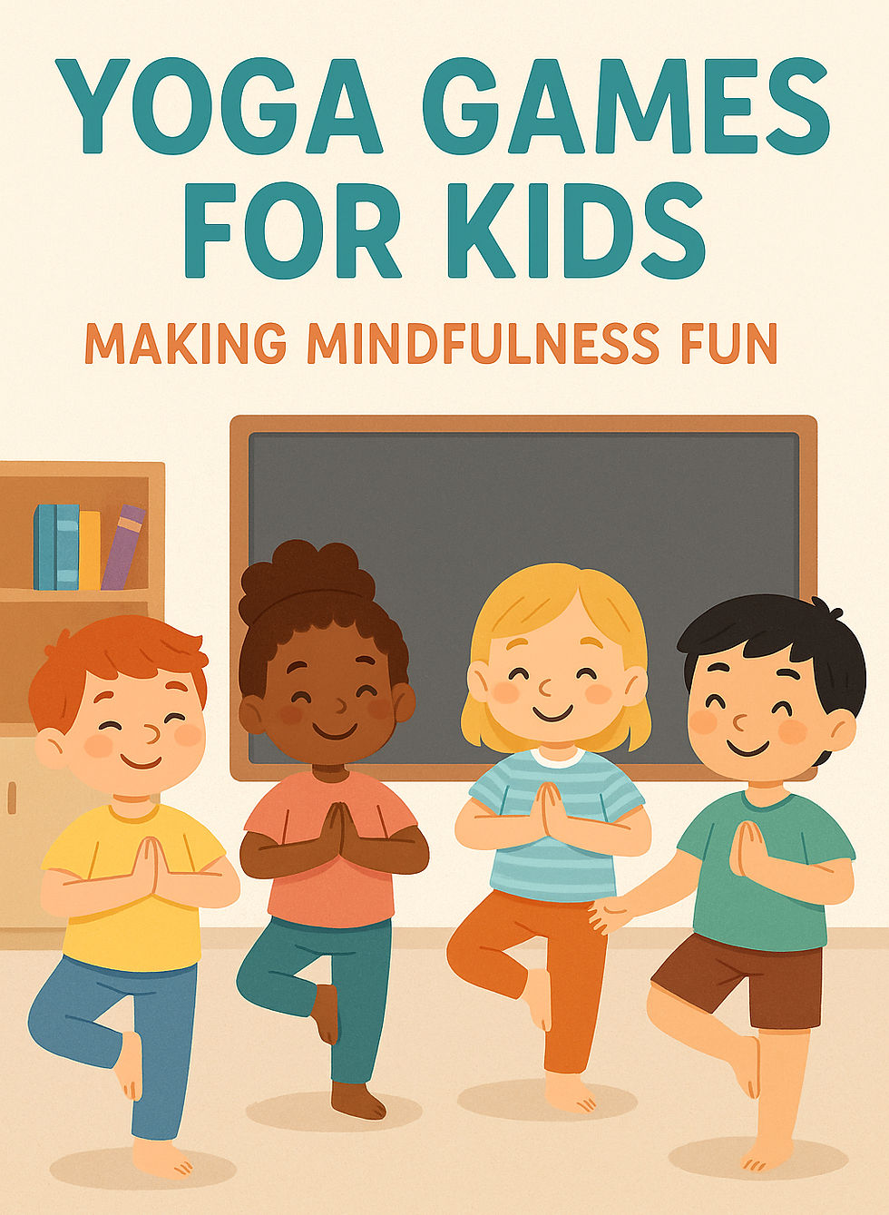 A group of young children playing a yoga freeze game together, smiling and balancing in Tree Pose in a classroom setting.