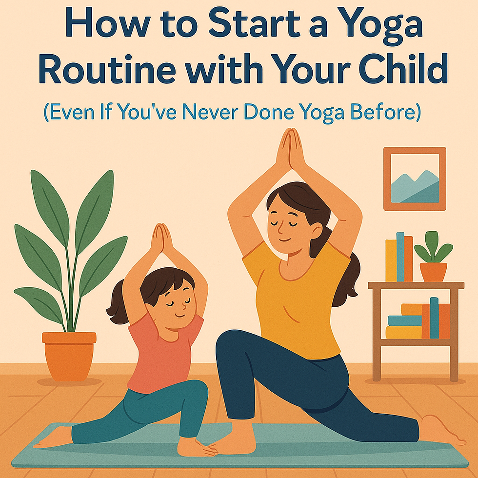 Illustrated image of a smiling parent and child practicing yoga together at home, surrounded by soft colors, plants, and cozy decor, symbolizing connection and calm.