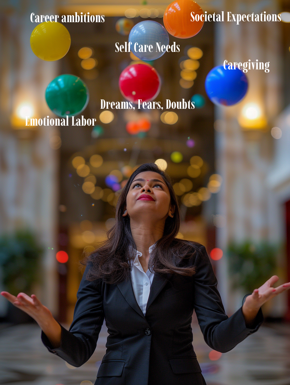 Juggling Life's Demands: A woman balancing career ambitions, caregiving, societal expectations, and self-care amidst emotional labor and personal doubts.