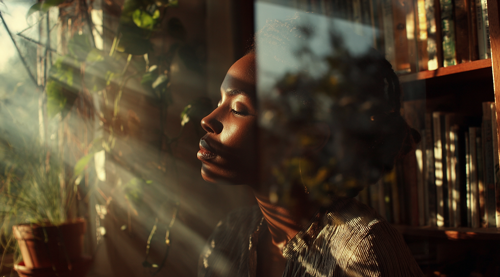 A woman absorbs the warm sunlight streaming through a window, amidst the backdrop of lush greenery and a bookshelf.