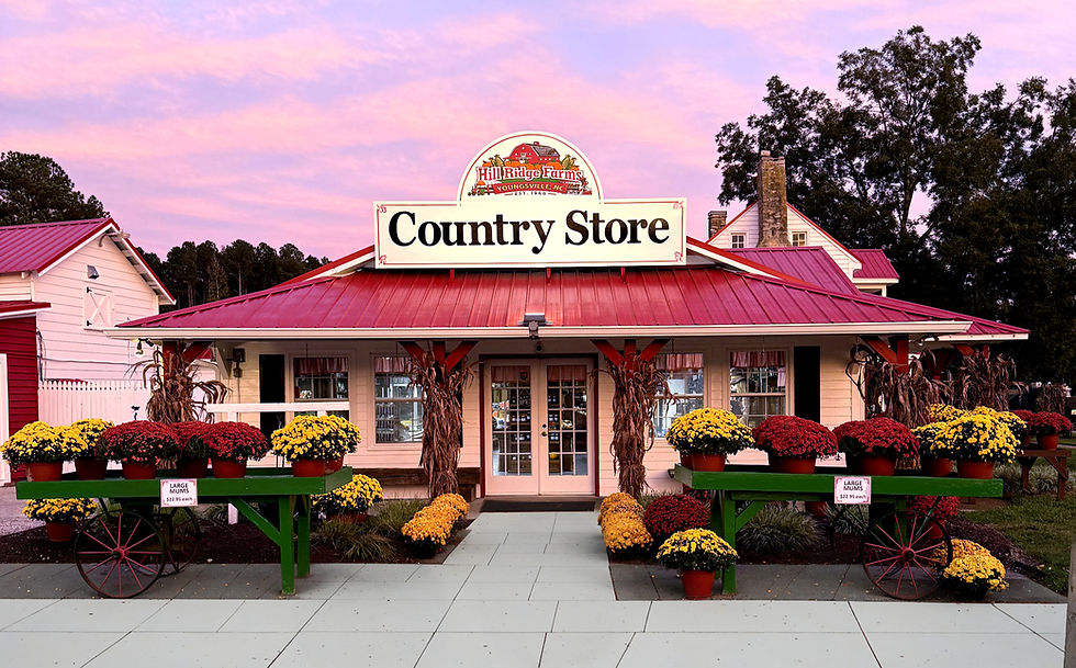 "Country Store" building, a charming attraction, adorned with fall flowers.