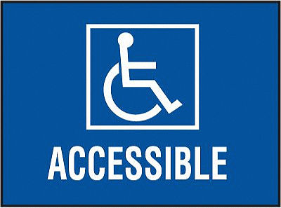 Blue sign with white wheelchair symbol and text ACCESSIBLE