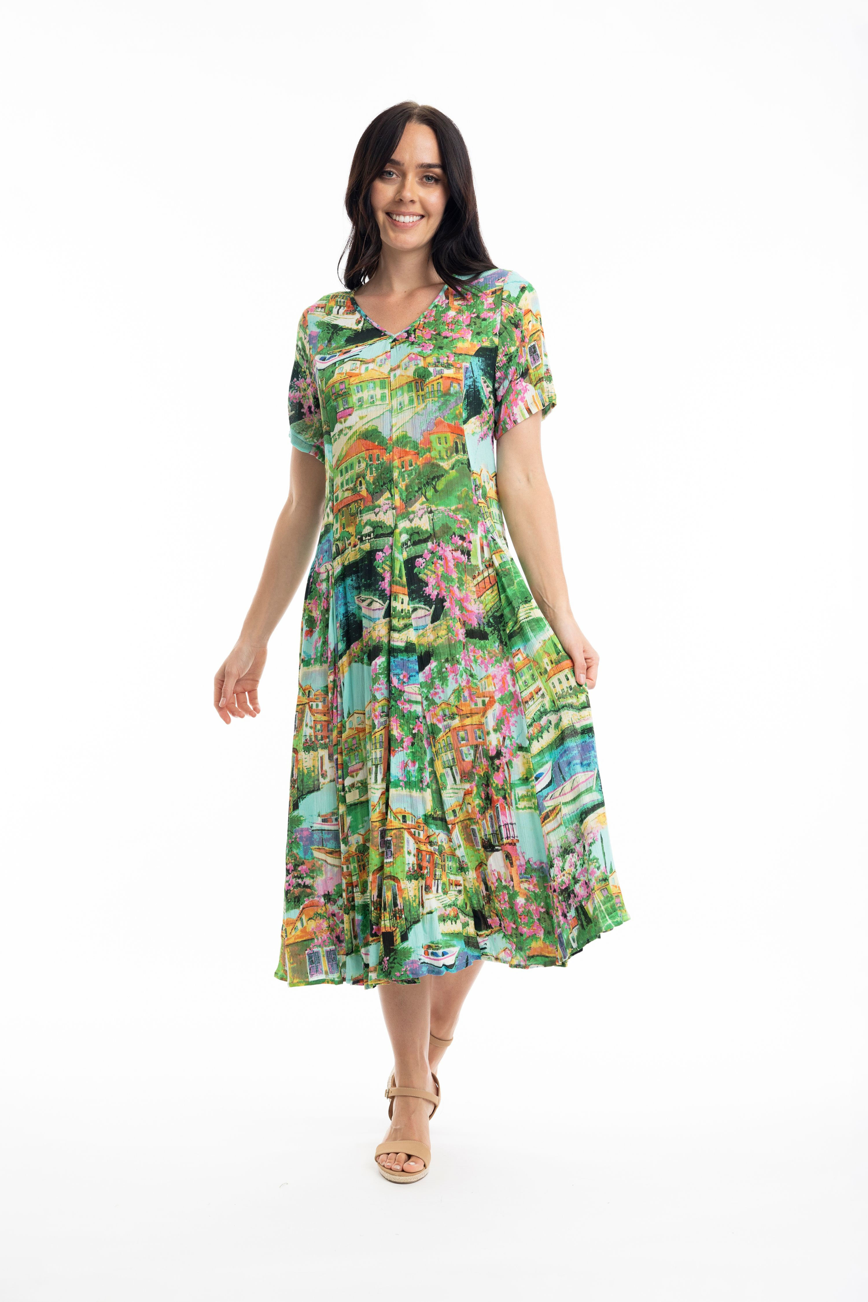 Bellagio Godet Dress with Short Sleeves