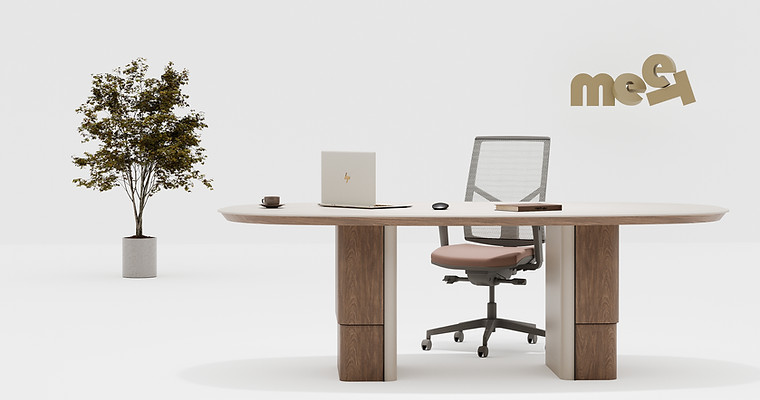 Açık Konsept tasarımı Meet yükseklik ayarlı toplantı masası; ahşap detaylı kalın ayaklar ve modern oval tabla tasarımı.